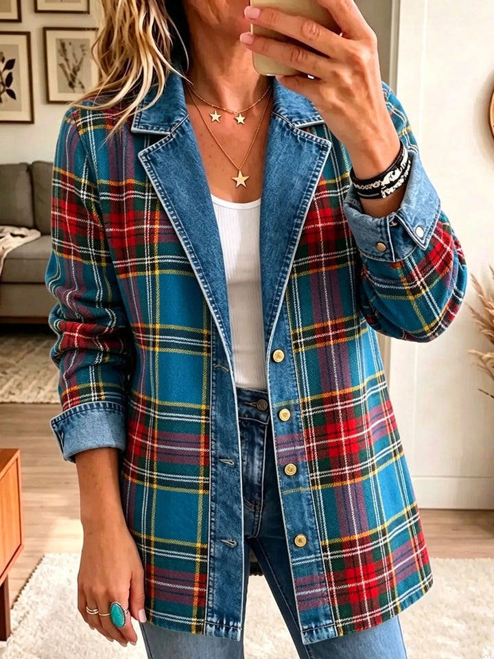 Grace | Blazer pour femme à empiècements en tartan et denim