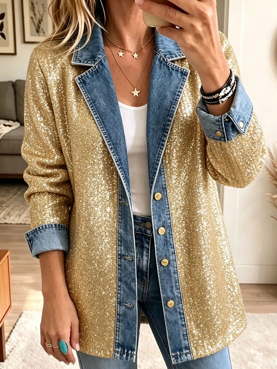 Sophia | Veste en jean à empiècements scintillants dorés glamour
