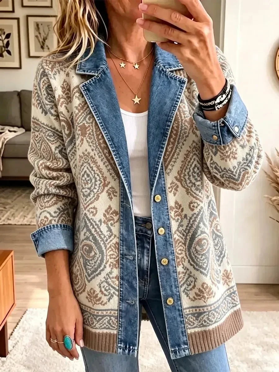 Amelia | Veste élégante en jean rétro à patchwork ethnique