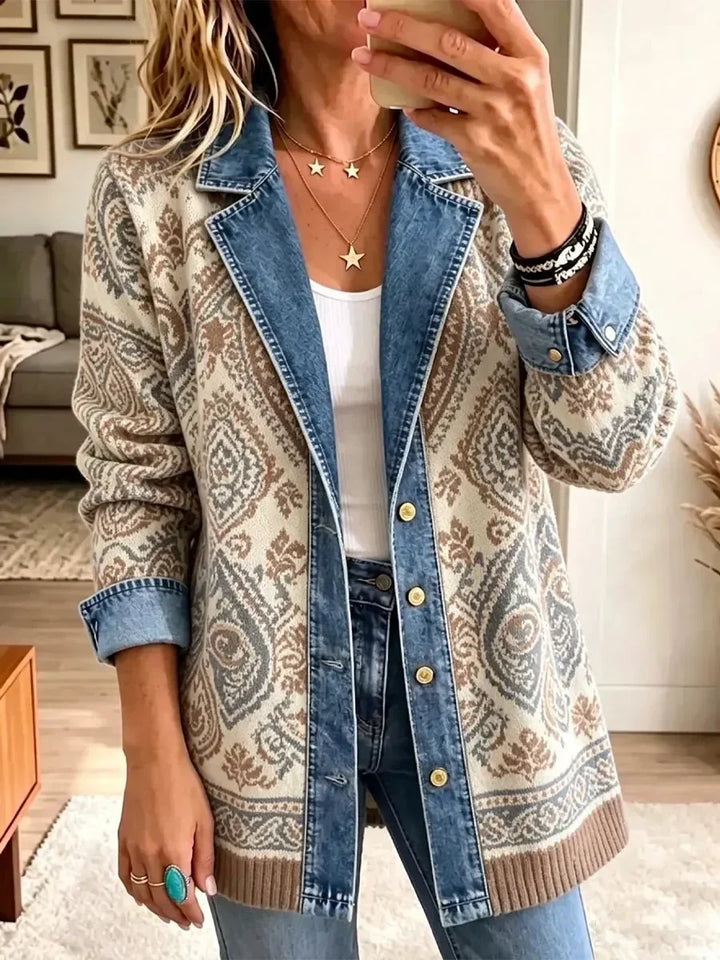 Amelia | Veste élégante en jean rétro à patchwork ethnique