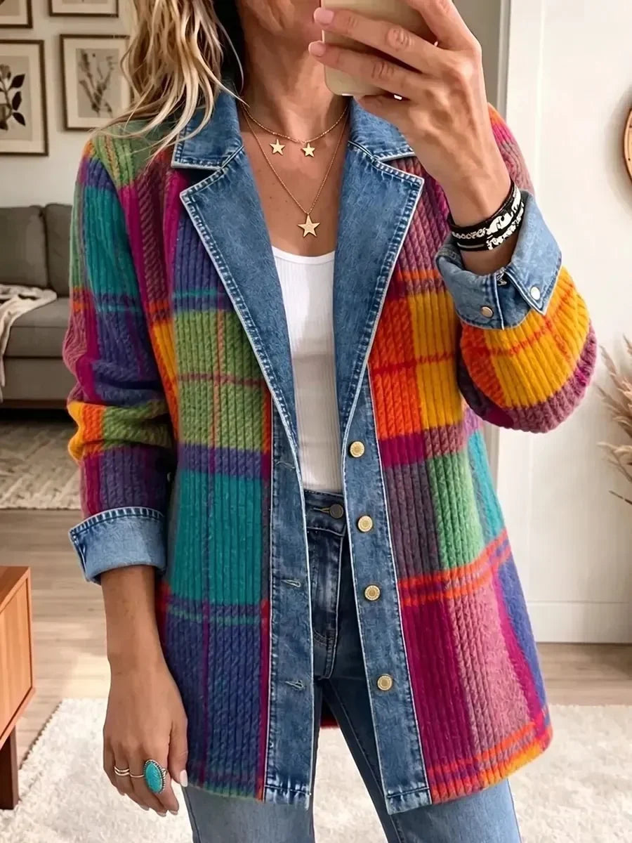 Emma | Veste élégante vintage en jean à patchwork à carreaux