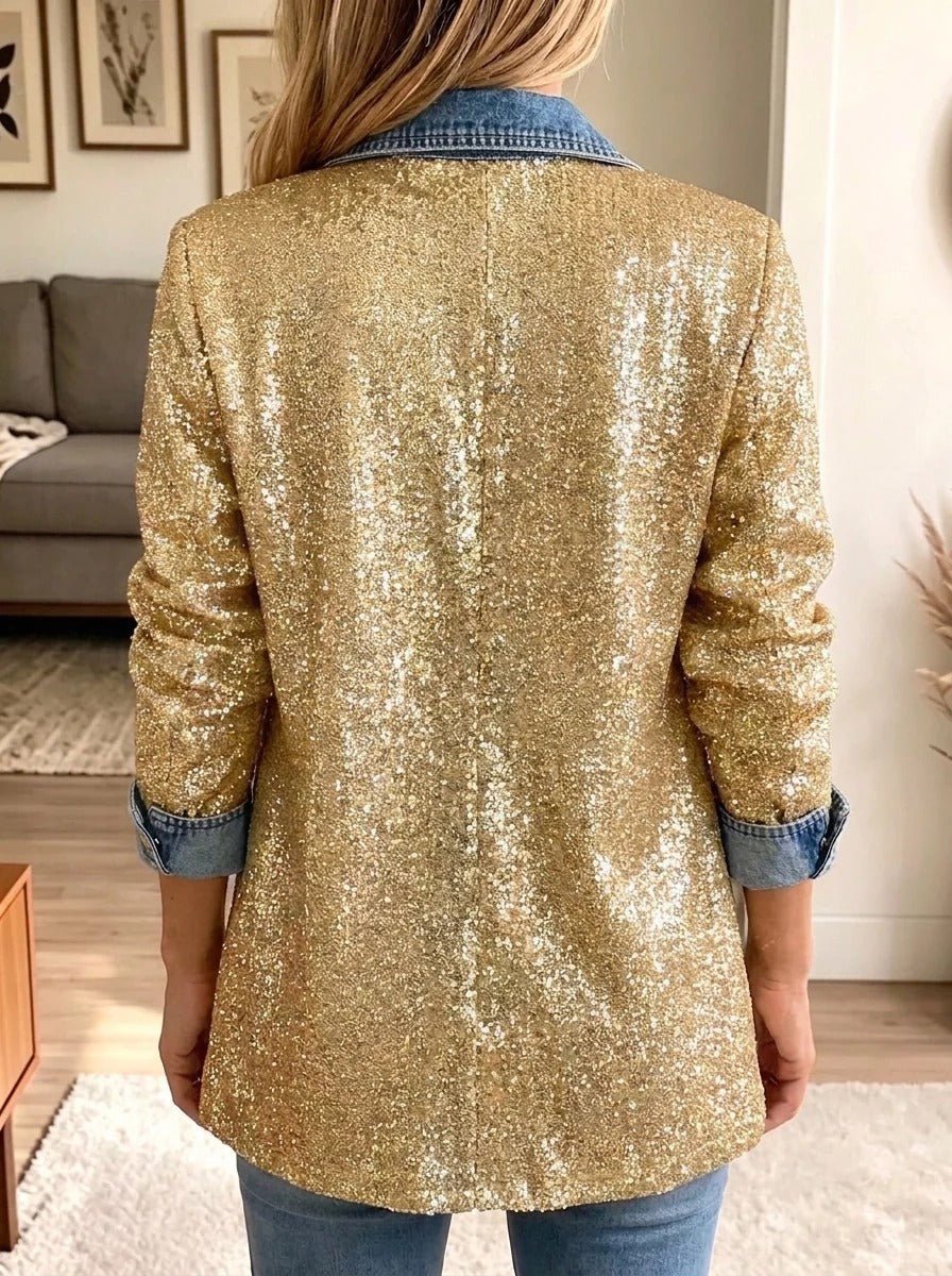 Sophia | Veste en jean à empiècements scintillants dorés glamour