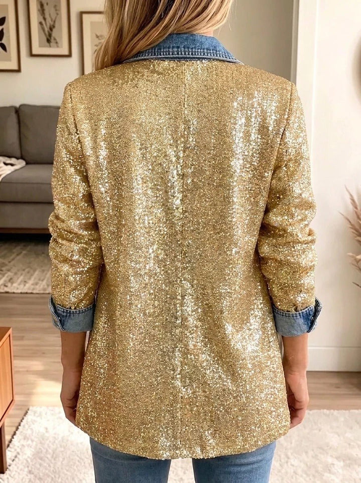 Sophia | Veste en jean à empiècements scintillants dorés glamour
