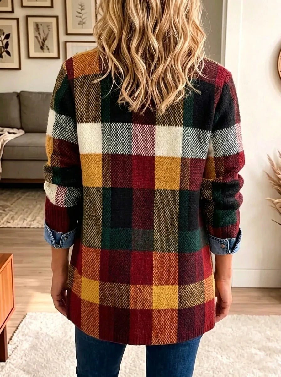 Isabella | Veste en jean à carreaux color-block chic aux couleurs automnales
