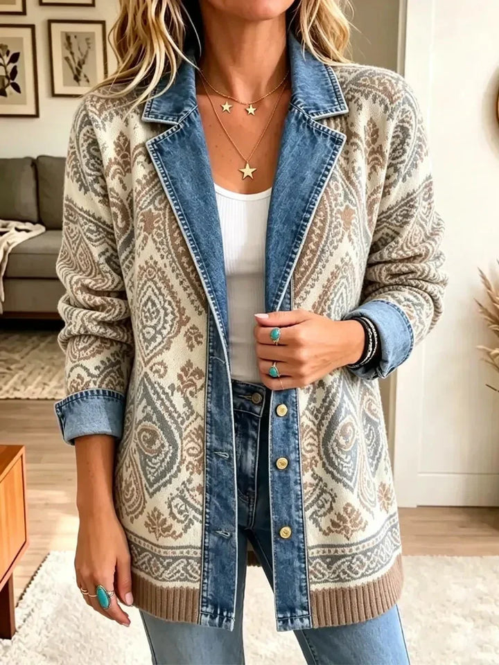 Amelia | Veste élégante en jean rétro à patchwork ethnique