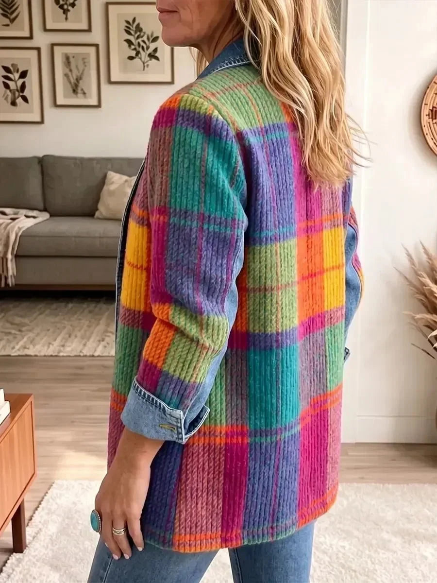 Emma | Veste élégante vintage en jean à patchwork à carreaux