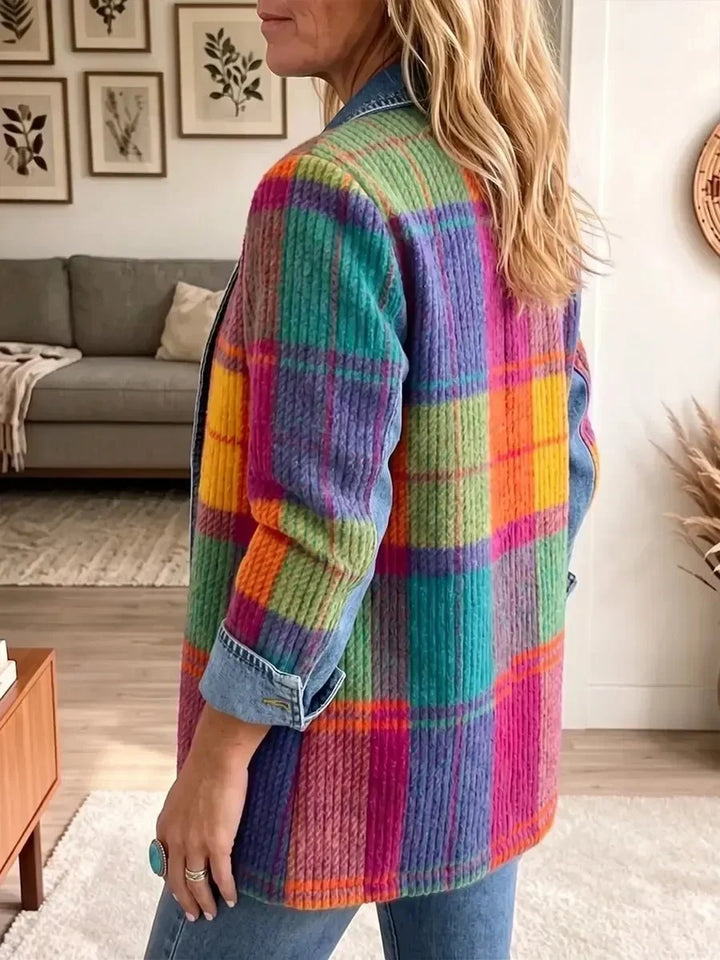 Emma | Veste élégante vintage en jean à patchwork à carreaux