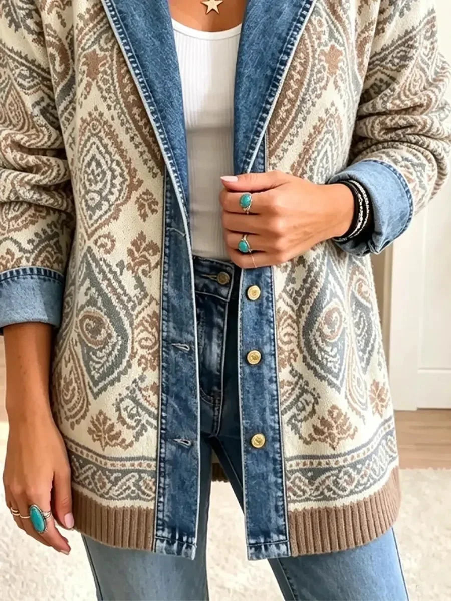 Amelia | Veste élégante en jean rétro à patchwork ethnique