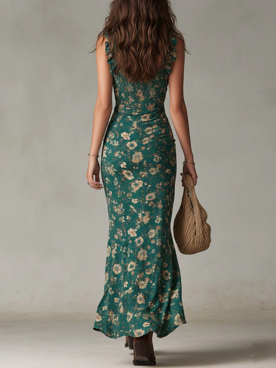 Zara | Robe longue bohème à fleurs froncée avec fente latérale