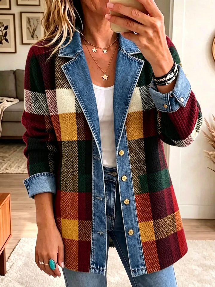 Isabella | Veste en jean à carreaux color-block chic aux couleurs automnales