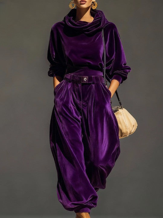 Ensemble vintage marron en velours avec sweat à capuche et pantalon ample (ceinture incluse)