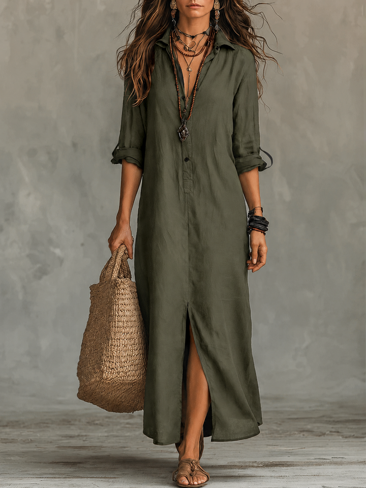 Robe-chemise longue bohème noire à boutons sur le devant