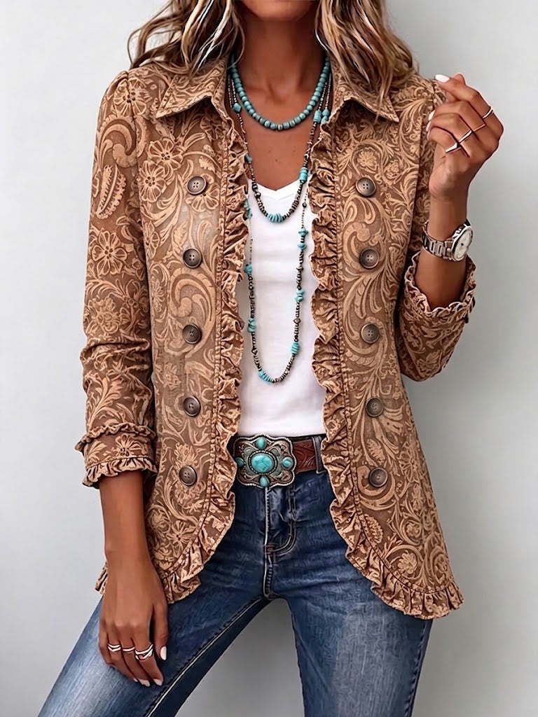 Noémie | Veste Bohème Fleurie Vintage Marron à Volants