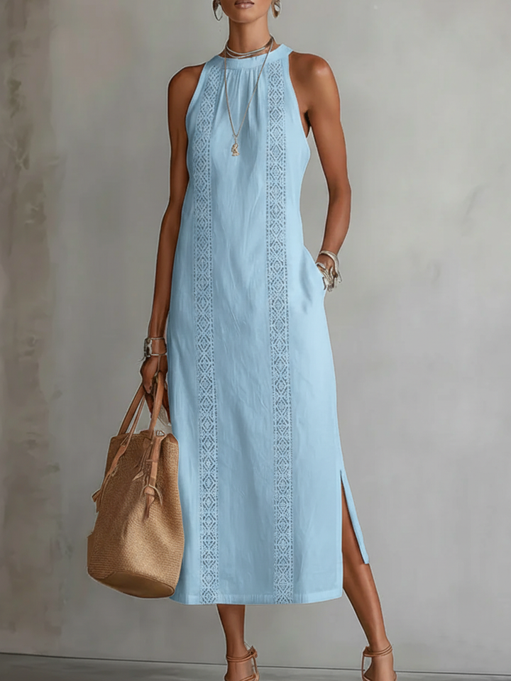 Jimena | Robe midi décontractée brodée à col mao