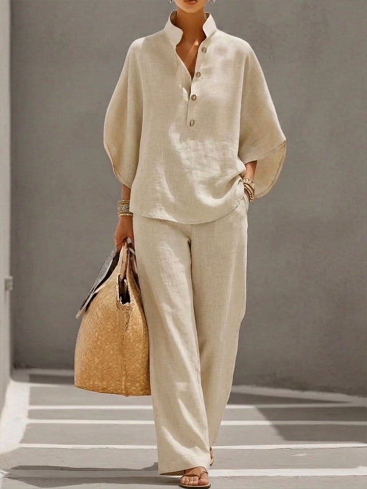 Eszter™ – Ensemble coton-lin avec manches chauve-souris et pantalon large • S1