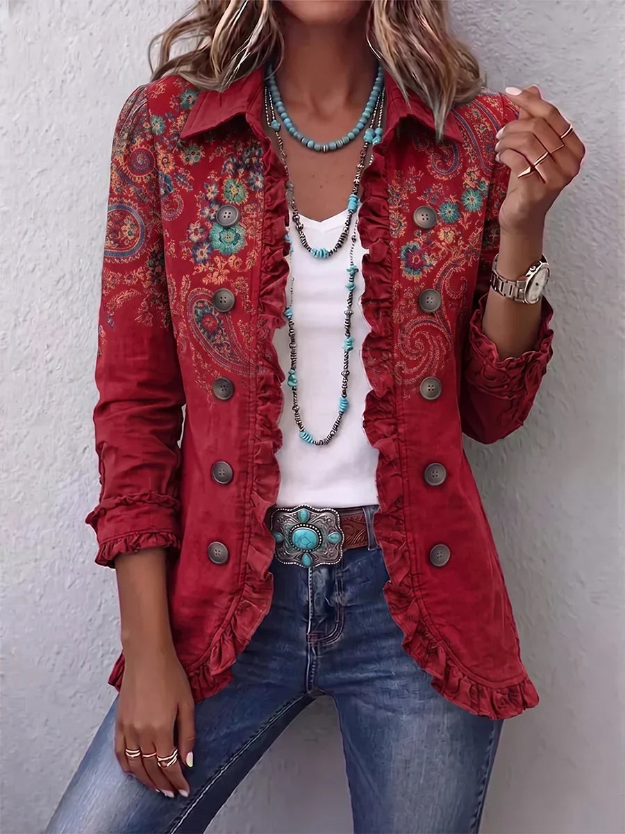 Charlotte | Veste Bohème Paisley Rouge à Volants