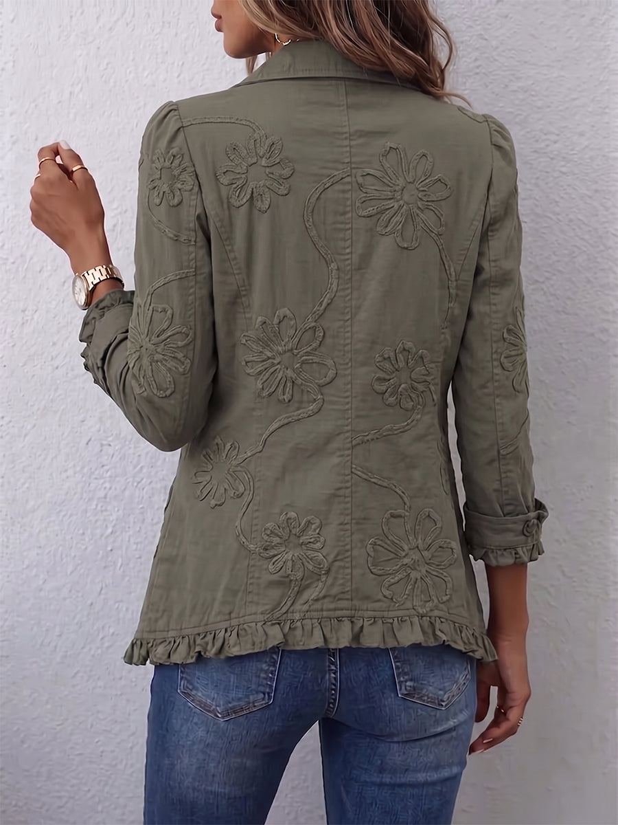 Alexandrine | Veste Bohème-Chic Brodée de Fleurs Vert Rétro et Finitions Froncées