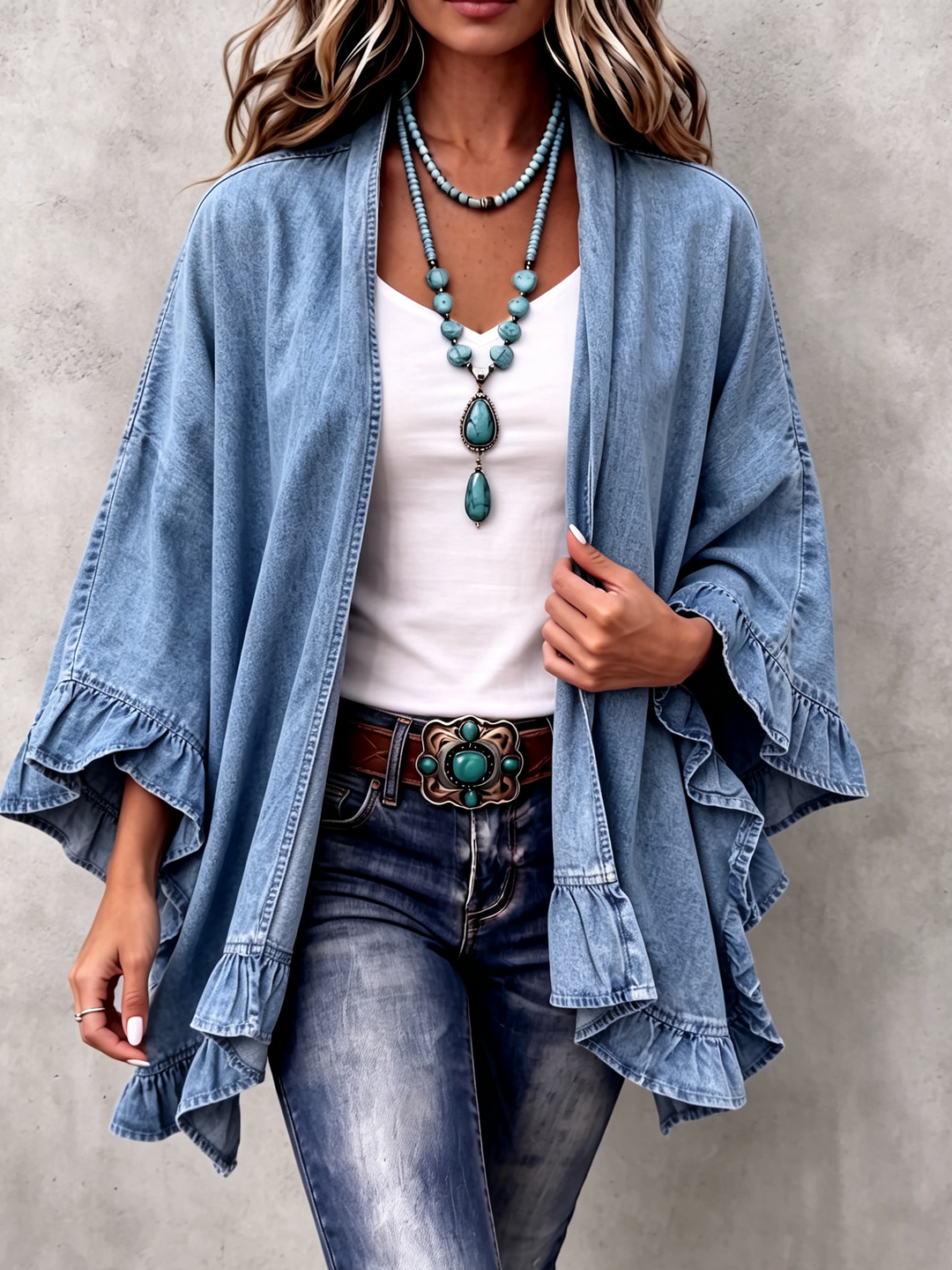 Corinne | Cardigan Bohème Chic en Denim à Volants