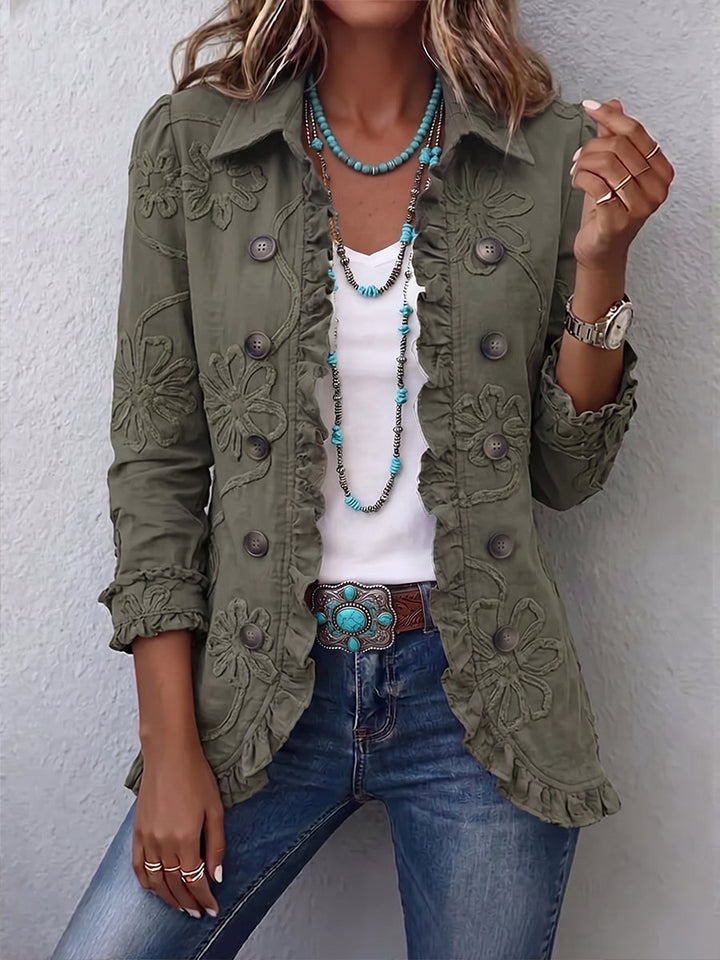 Alexandrine | Veste Bohème-Chic Brodée de Fleurs Vert Rétro et Finitions Froncées