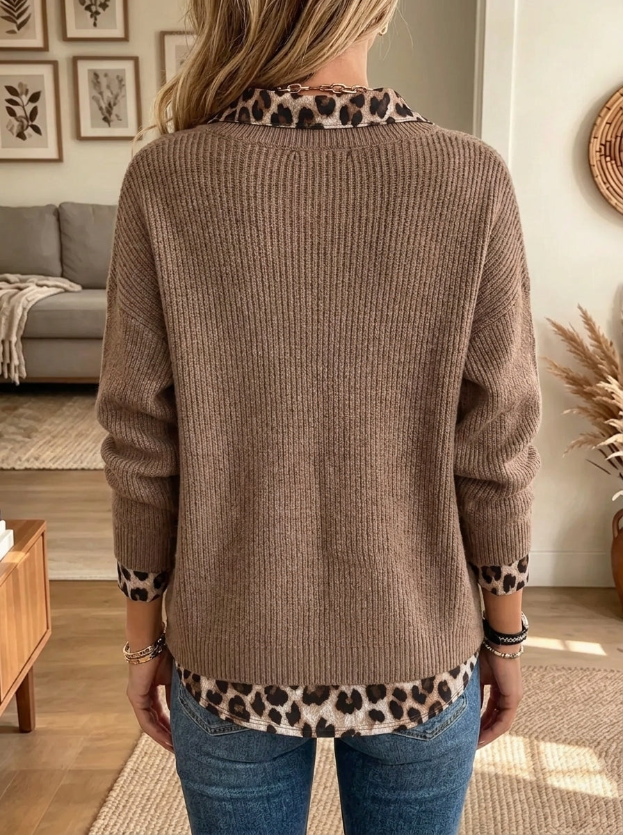 Ambre | Pull en Maille Côtelée à Bordures Léopard