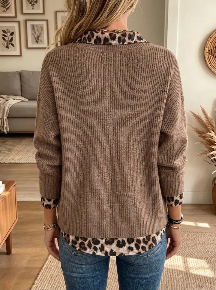 Ambre | Pull en Maille Côtelée à Bordures Léopard