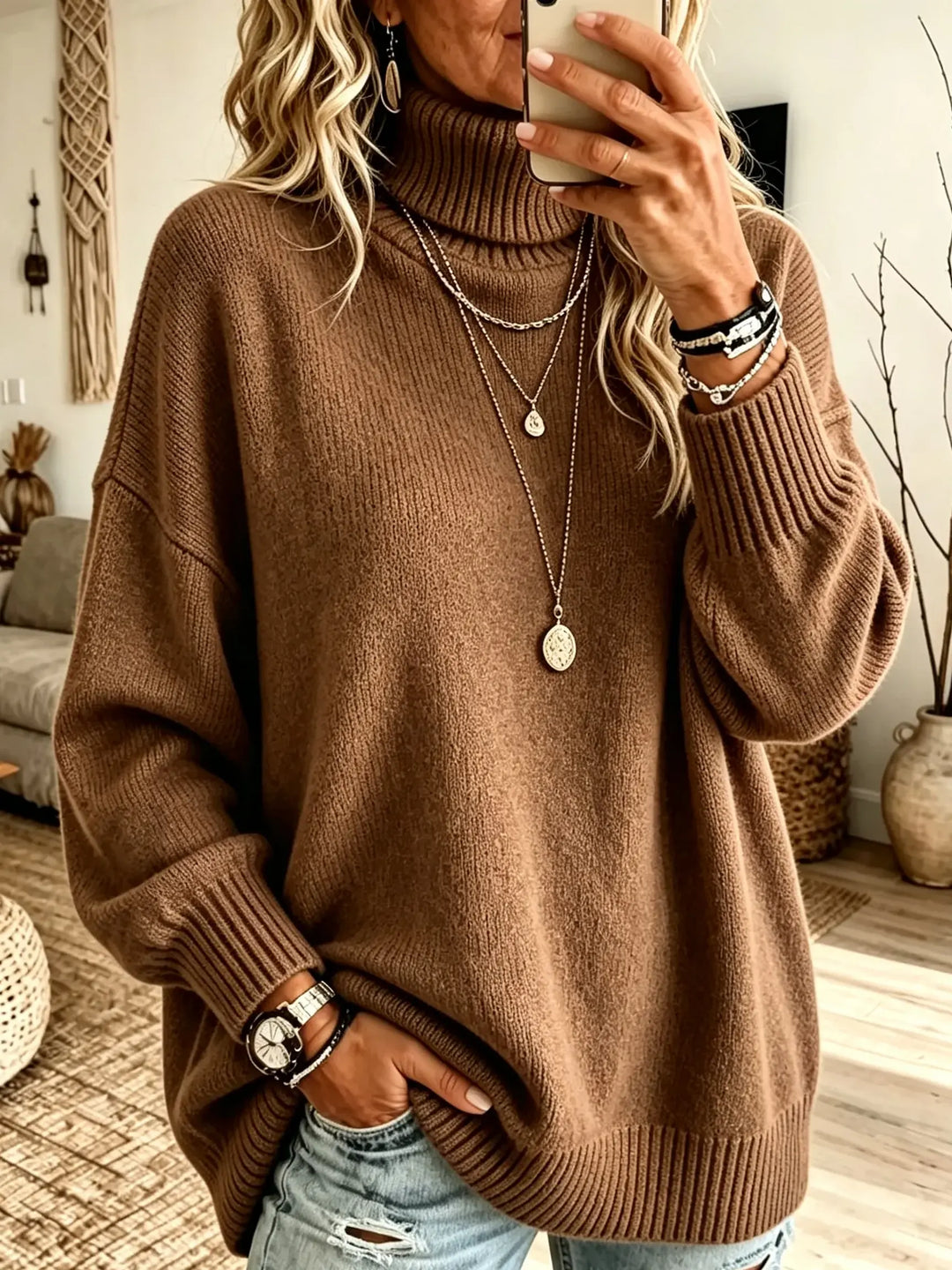 Philippine | Pull Col Roulé Oversize en Maille Côtelée