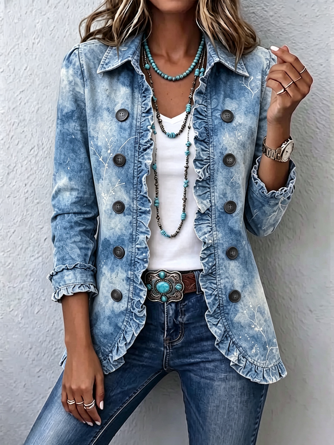 Guenièvre | Veste Bohème Botanique Vintage Dégradée Bleu à Volants