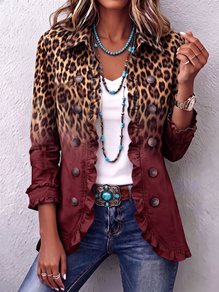 Béatrice | Blazer Léopard Dégradé Turquoise à Volants