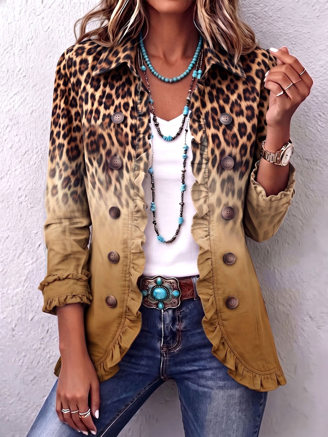 Béatrice | Blazer Léopard Dégradé Turquoise à Volants