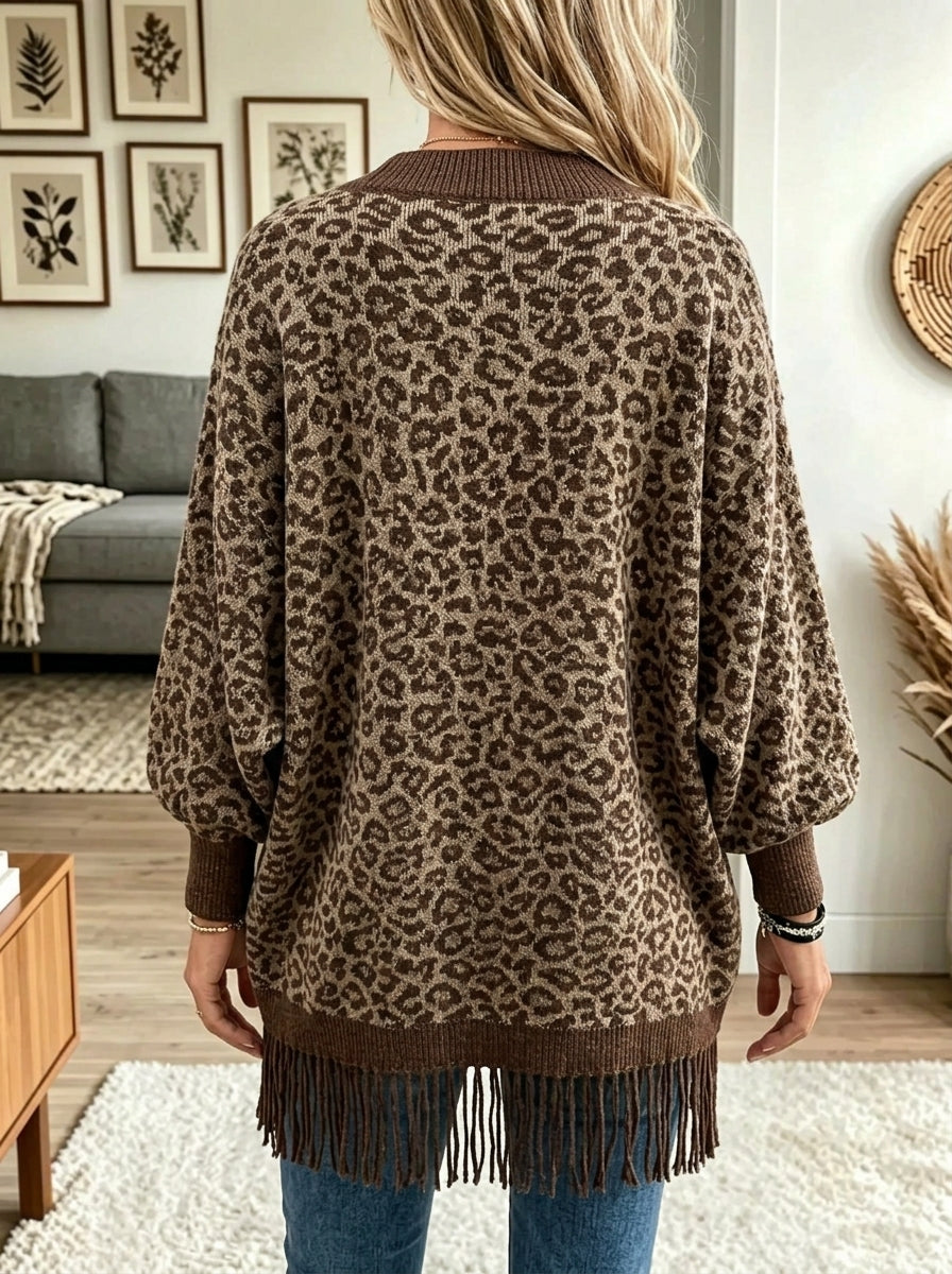 Églantine | Cardigan à Franges et Col en Fausse Fourrure Léopard