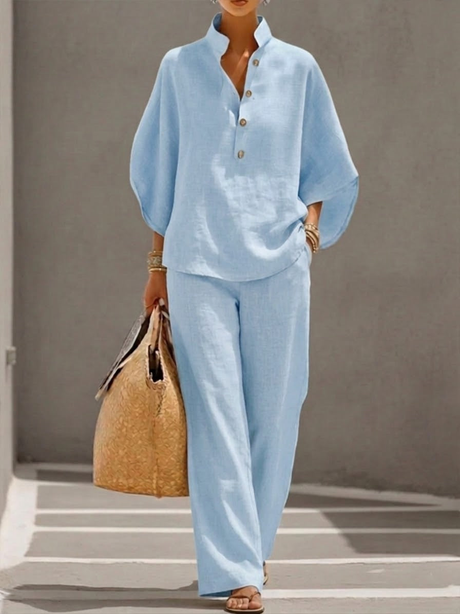 Eszter™ – Ensemble coton-lin avec manches chauve-souris et pantalon large • S1