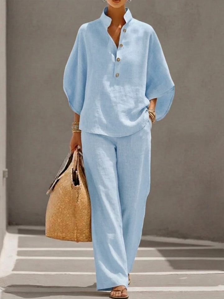 Eszter™ – Ensemble coton-lin avec manches chauve-souris et pantalon large • S1