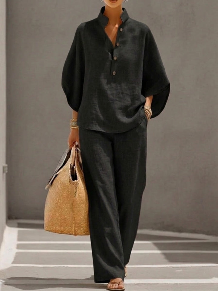 Eszter™ – Ensemble coton-lin avec manches chauve-souris et pantalon large • S1