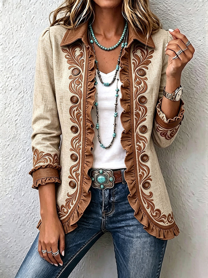 Octavie | Veste Bohème Fleurie Vintage Chameau et Marron à Volants