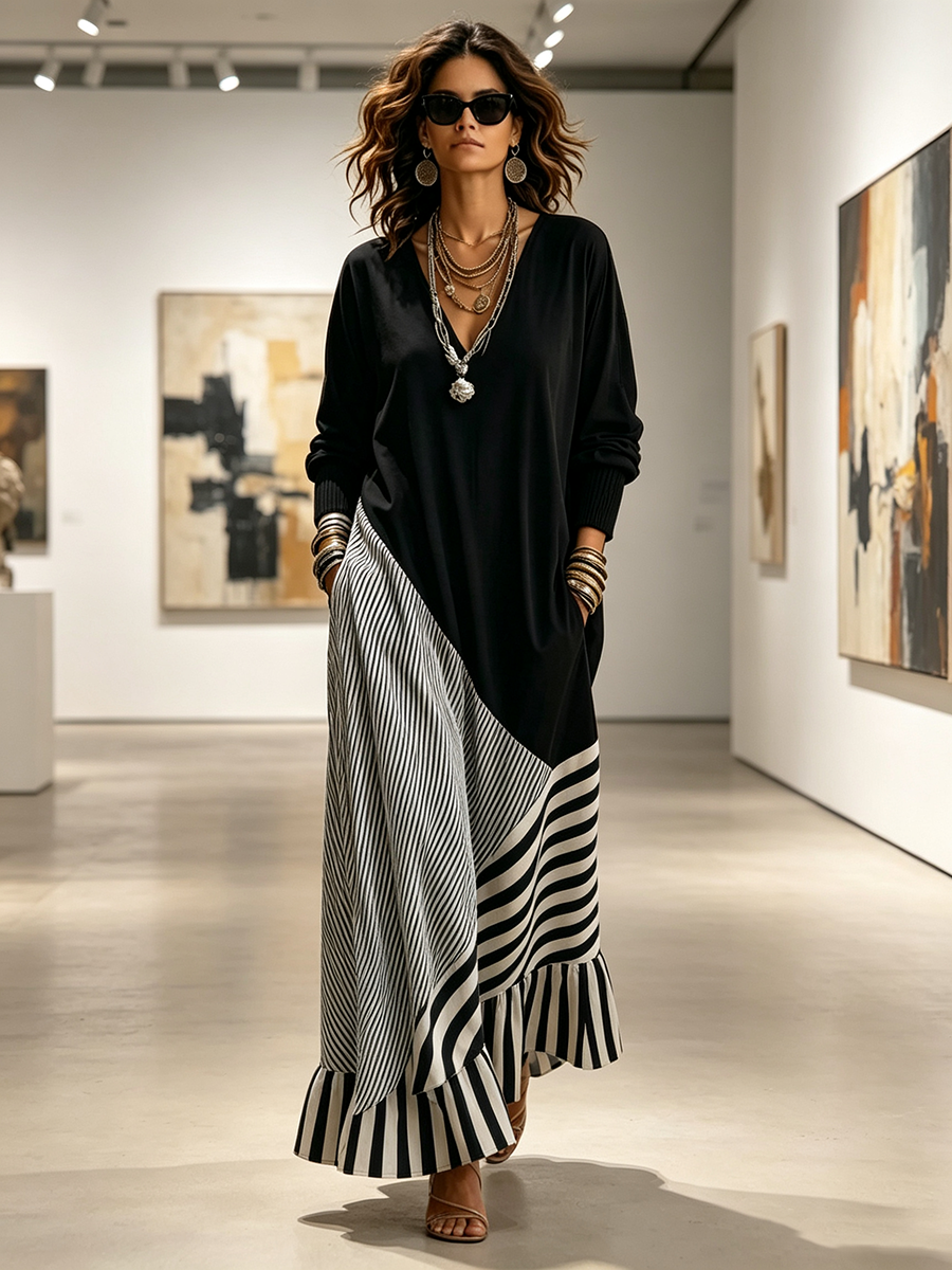 Alice | Robe Maxi Noire et Rayée Élégante et Chic