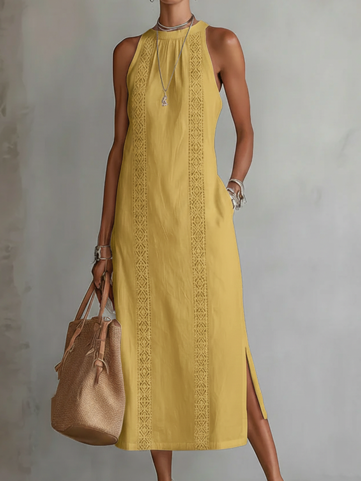 Jimena | Robe midi décontractée brodée à col mao