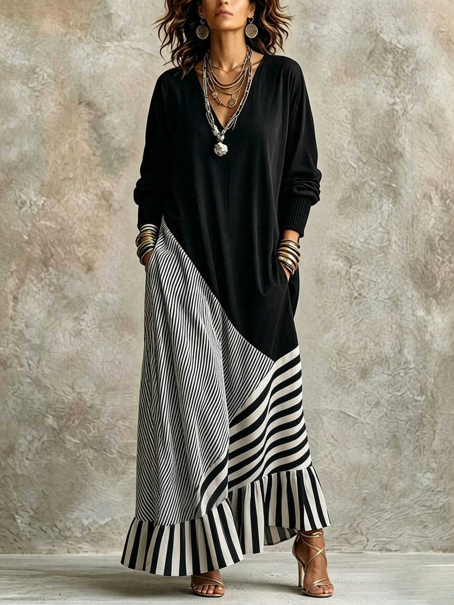 Alice | Robe Maxi Noire et Rayée Élégante et Chic