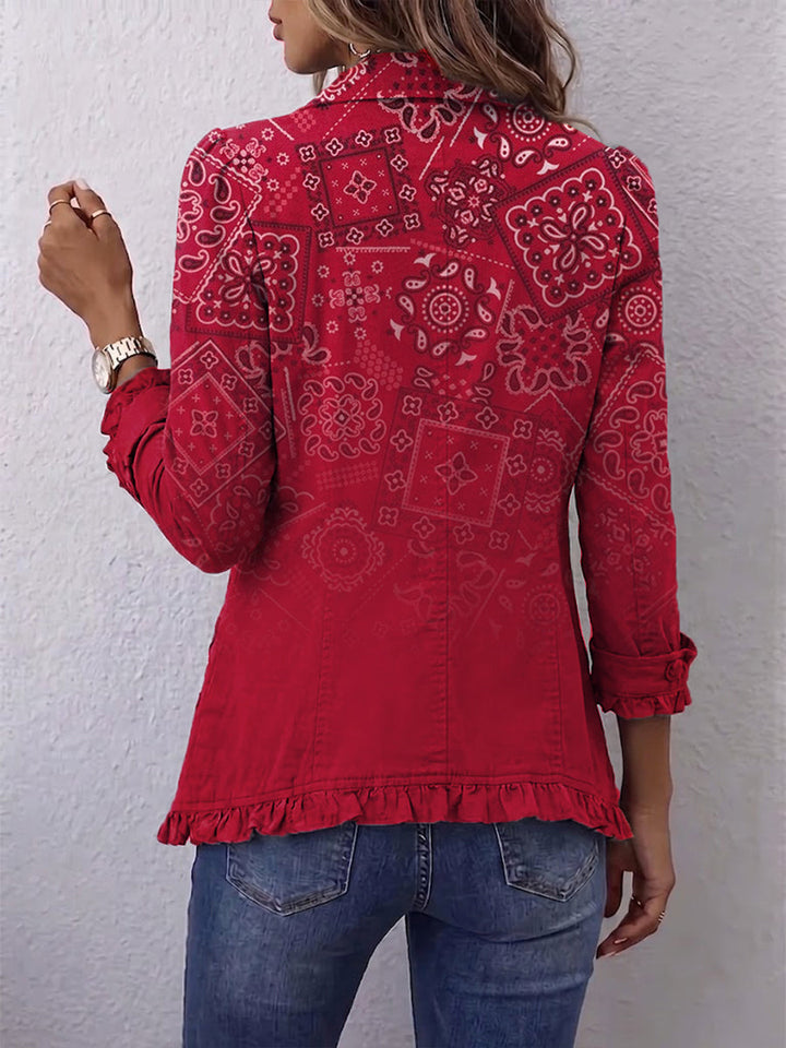 Gaëlle | Veste Bohème Paisley Dégradé Rouge à Volants