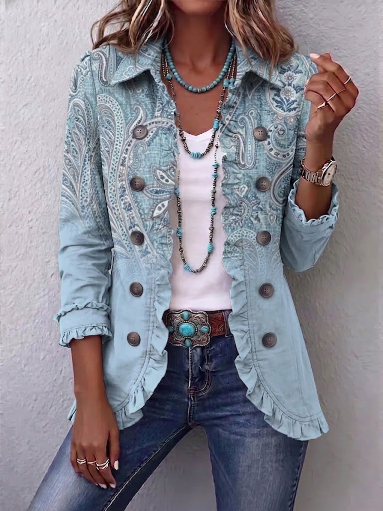 Émilie | Veste Paisley Vintage Bleu Ciel à Volants