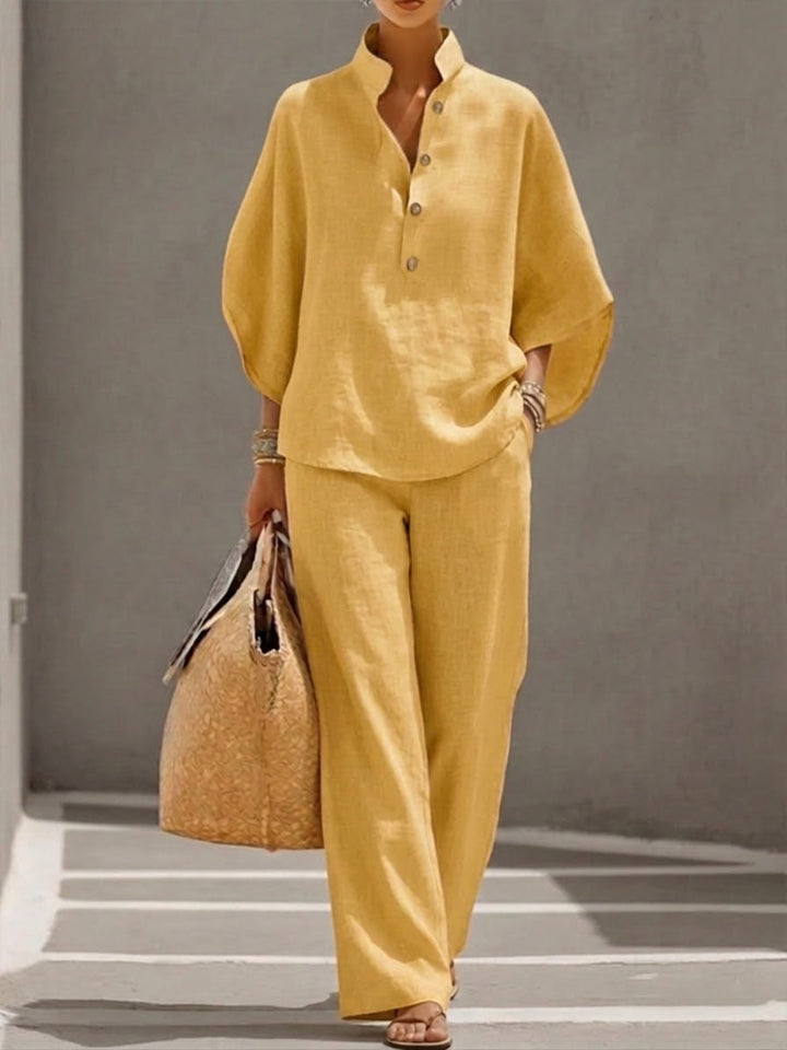 Eszter™ – Ensemble coton-lin avec manches chauve-souris et pantalon large • S1