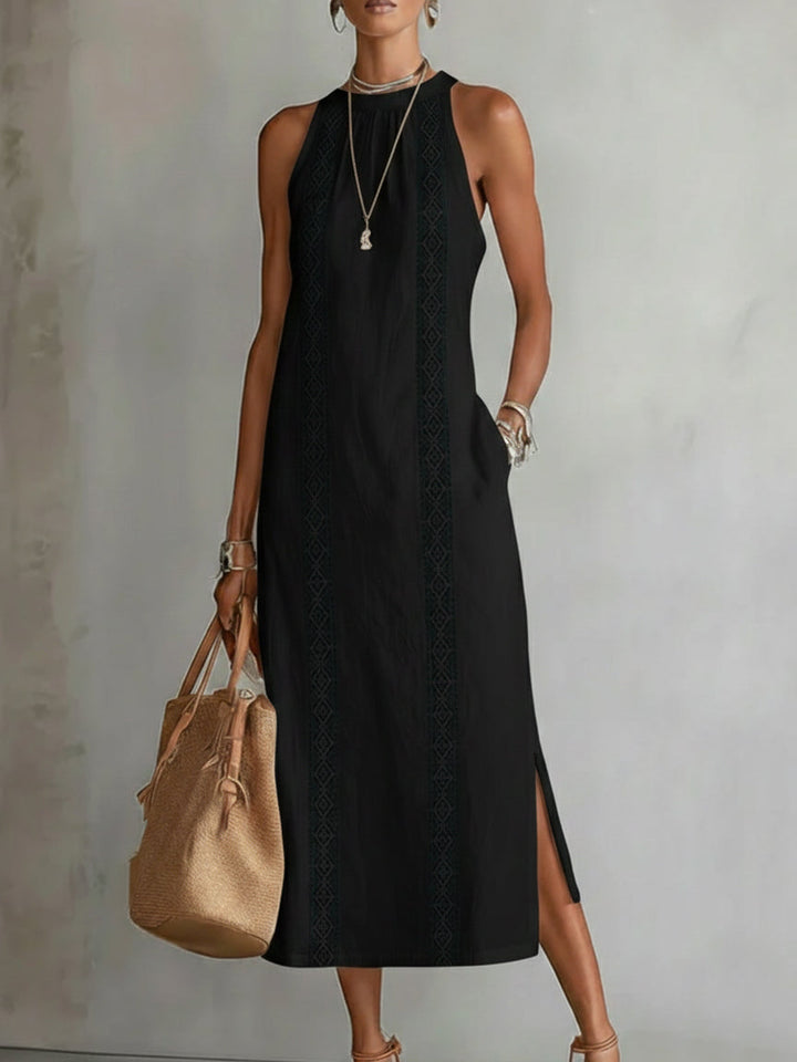 Jimena | Robe midi décontractée brodée à col mao