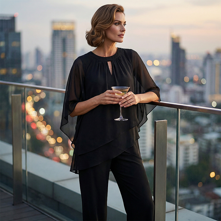 Jeaniny | Ensemble Blouse Asymétrique Superposée et Pantalon Large