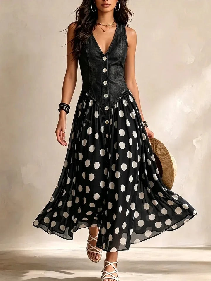 Solène | Robe en denim avec jupe en mousseline à pois