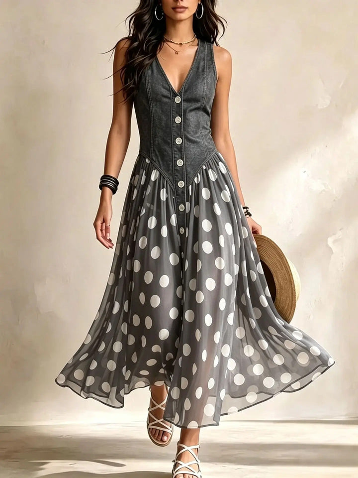 Solène | Robe en denim avec jupe en mousseline à pois